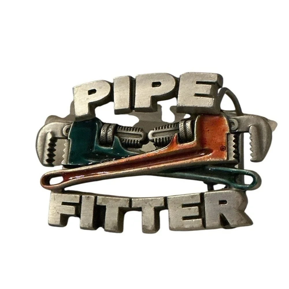 Vintage Pipefitter 1990 Belt Buckle Silver tone Red & Blue Embellishment Tools